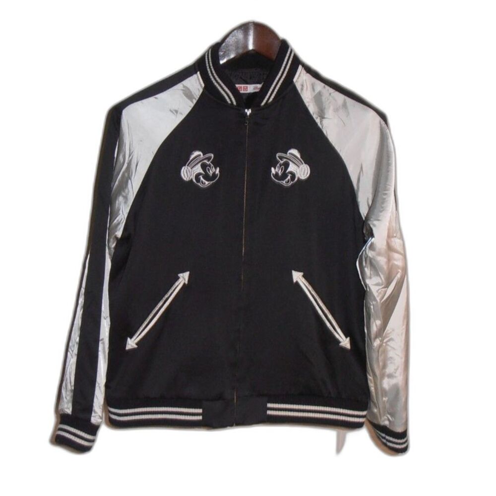 🟢 Uniqlo x Disney Mickey Mouse World Tour Bomber Jacket Size Small Silver Black